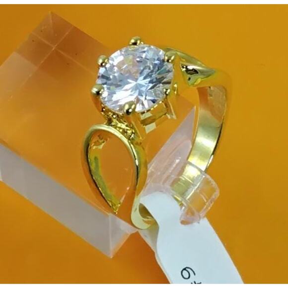 1990s Gold Plated 3.25 CT Size 9 Solitaire Engagement Cocktail Sim Diamond Ring - Picture 2 of 10